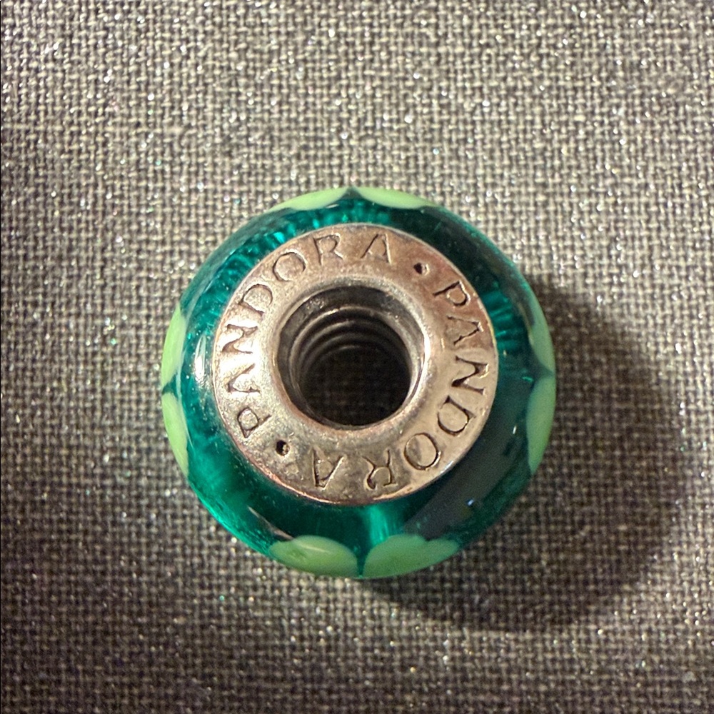 Pandora Teal Glass Charm with 🍀 Clover Green  Accents